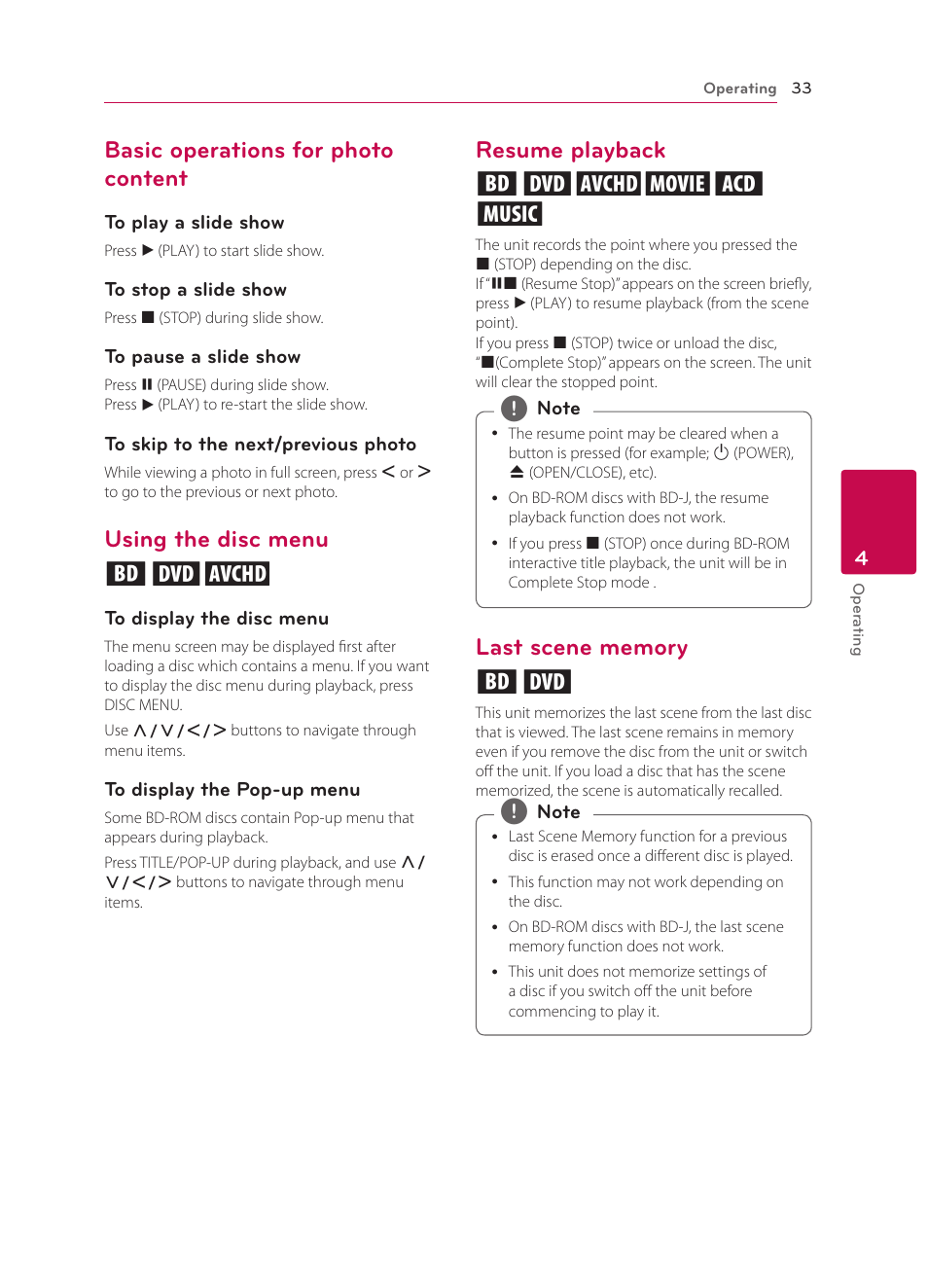 Basic operations for photo content, Using the disc menu, Resume playback | Last scene memory, Using the disc menu ero, Resume playback eroyt u | LG BP330 User Manual | Page 33 / 62