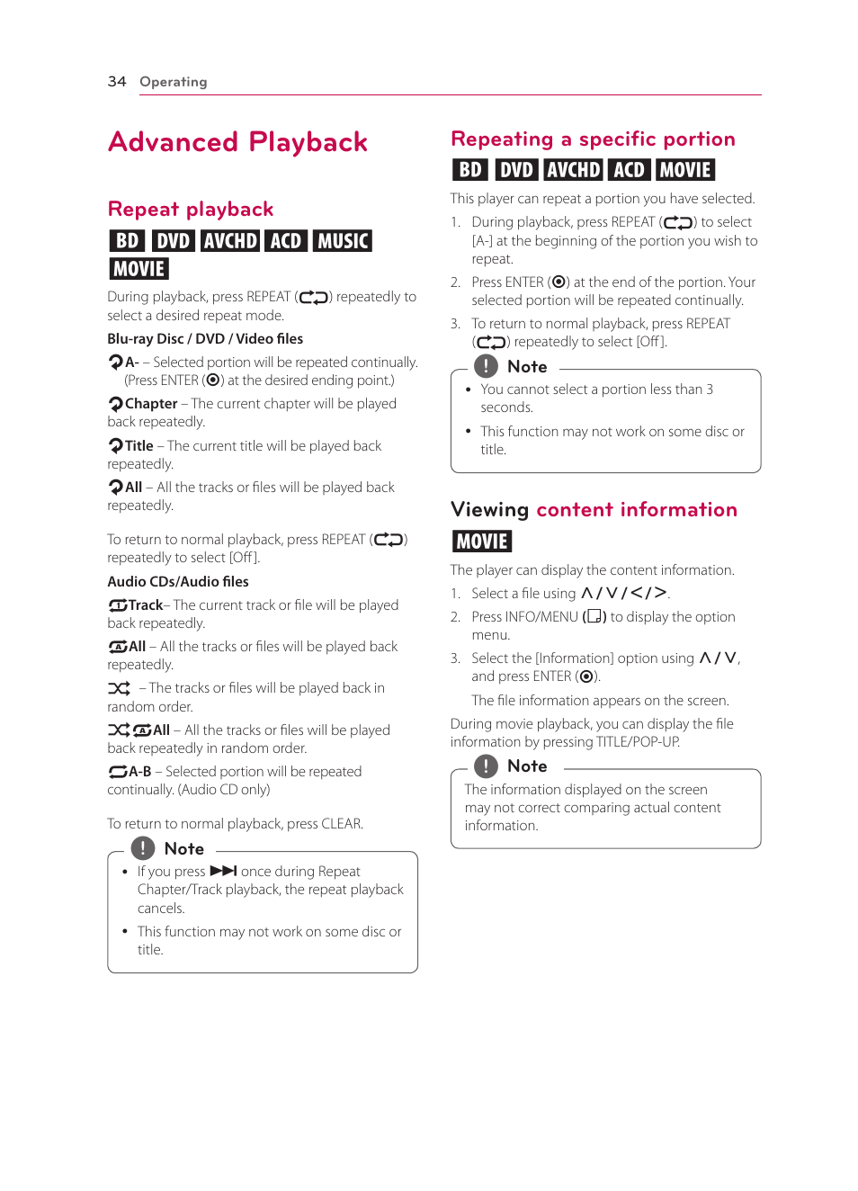 Advanced playback, Repeat playback, Repeating a specific portion | Viewing content information, Repeat playback erotu y, Repeating a specific portion eroty, Viewing content information y | LG BP330 User Manual | Page 34 / 62