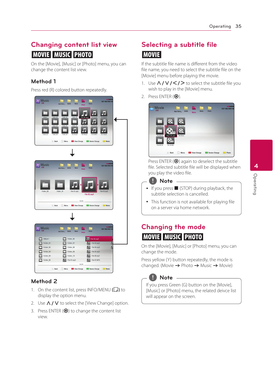 Changing content list view, Selecting a subtitle file, Changing the mode | Changing content list view yui, Selecting a subtitle file y, Changing the mode yui | LG BP330 User Manual | Page 35 / 62