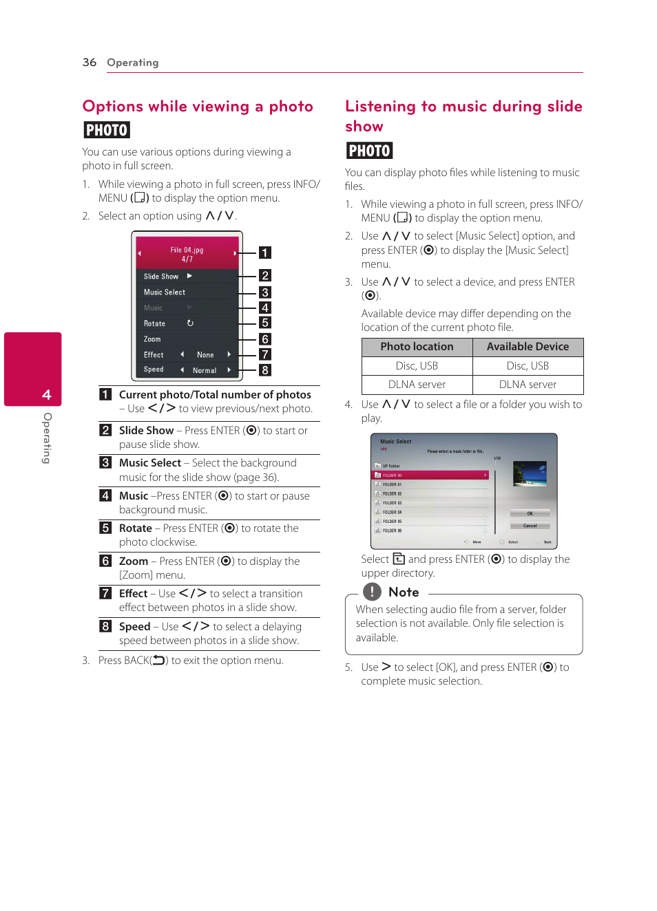 Options while viewing a photo, Listening to music during slide show, Options while viewing a photo i | Listening to music during slide show i | LG BP330 User Manual | Page 36 / 62