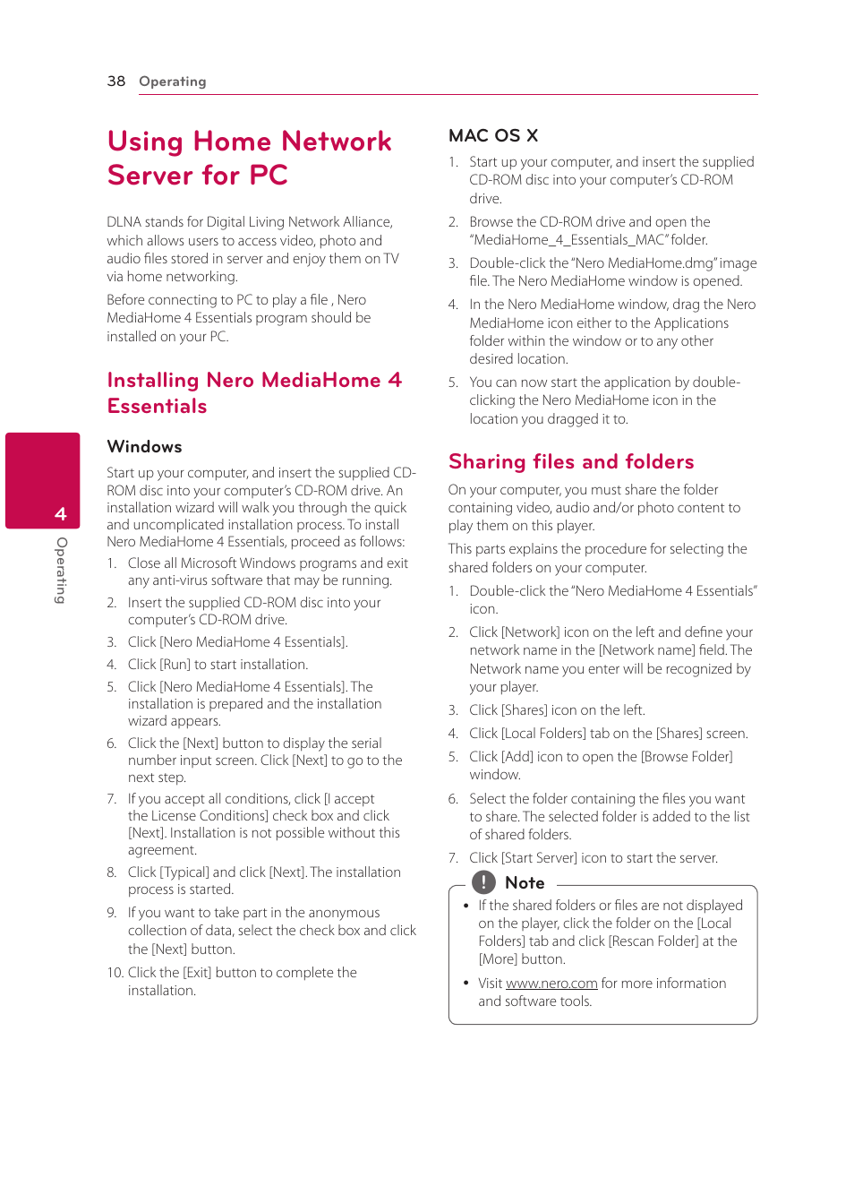 Using home network server for pc, Installing nero mediahome 4 essentials, Sharing files and folders | Essentials, 38 – sharing files and folders | LG BP330 User Manual | Page 38 / 62