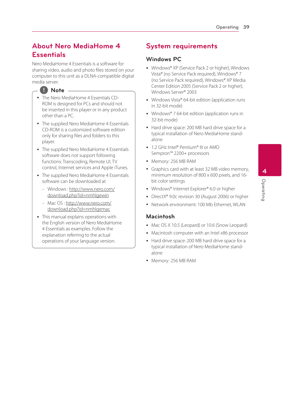 About nero mediahome 4 essentials, System requirements, Windows pc | Macintosh | LG BP330 User Manual | Page 39 / 62