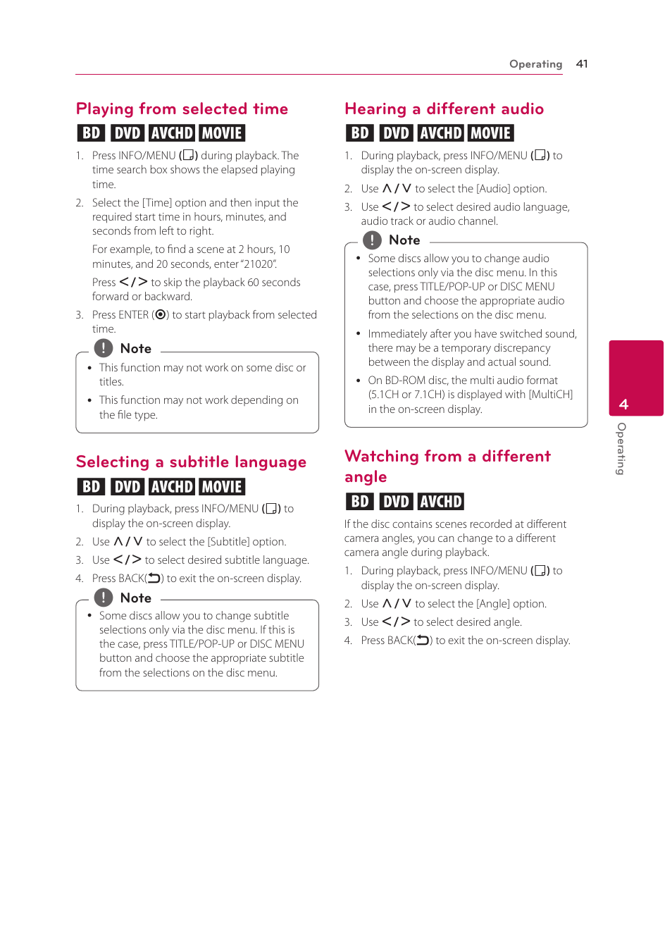 Playing from selected time, Selecting a subtitle language, Hearing a different audio | Watching from a different angle, Playing from selected time eroy, Selecting a subtitle language eroy, Hearing a different audio eroy, Watching from a different angle ero | LG BP330 User Manual | Page 41 / 62