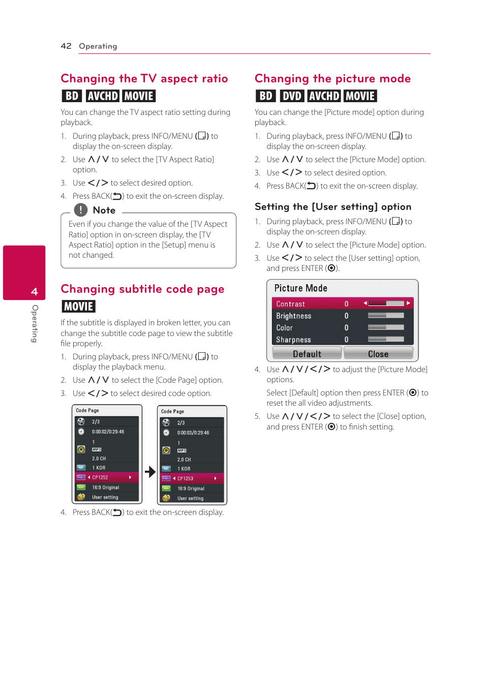 Changing the tv aspect ratio, Changing the picture mode, Changing the tv aspect ratio eoy | Changing subtitle code page y, Changing the picture mode eroy | LG BP330 User Manual | Page 42 / 62