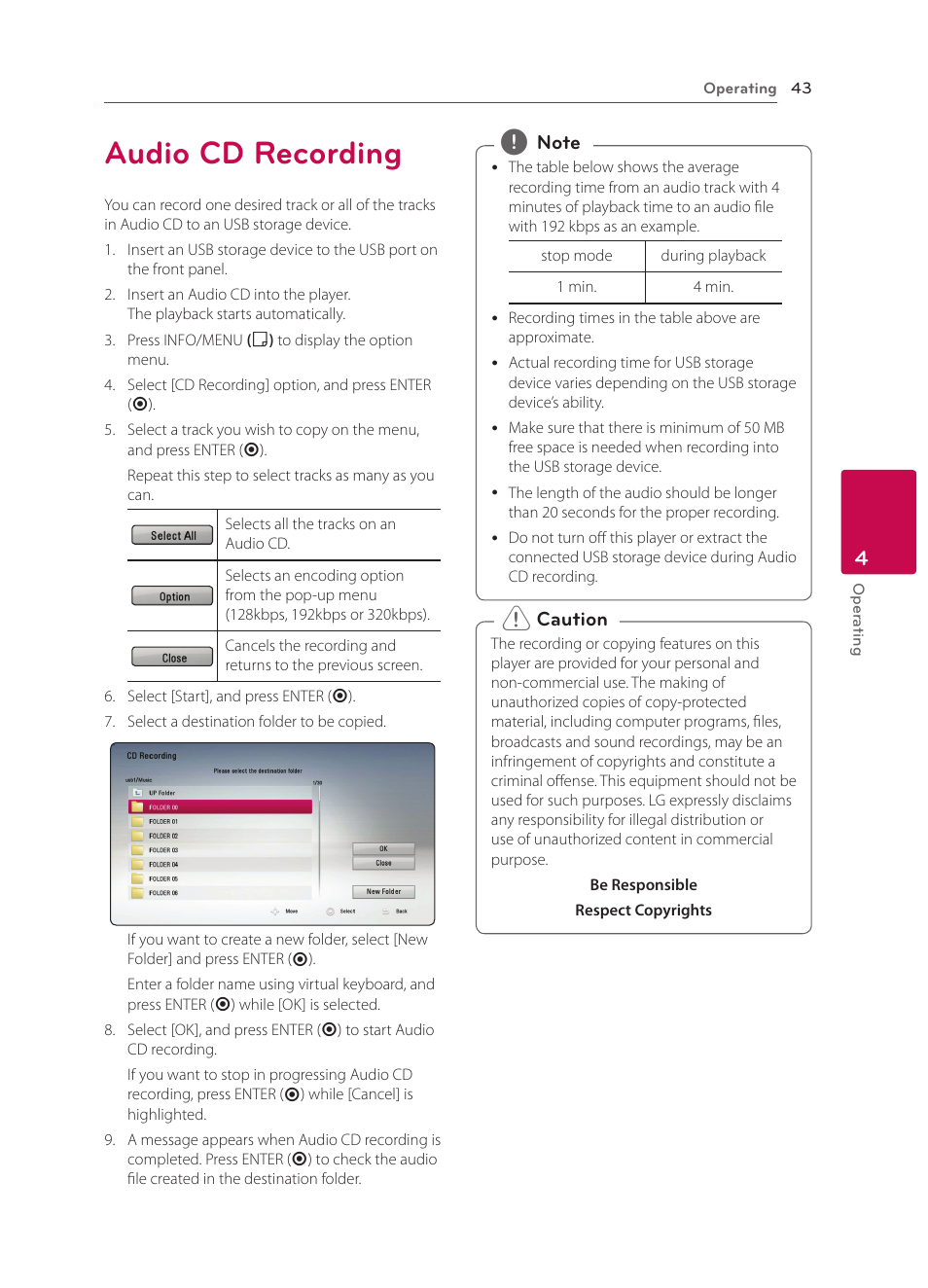 Audio cd recording, 43 audio cd recording | LG BP330 User Manual | Page 43 / 62