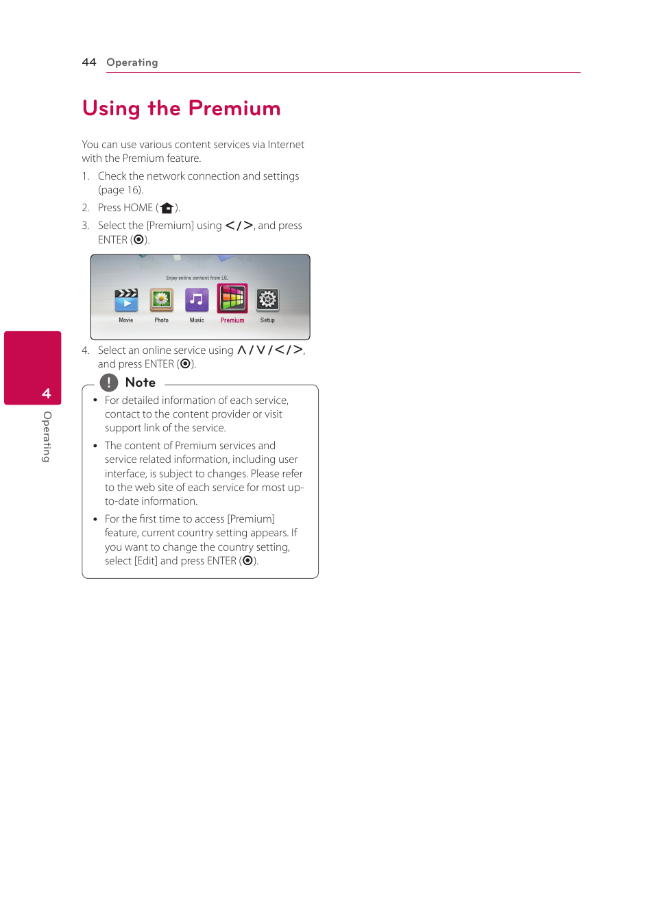 Using the premium, 44 using the premium | LG BP330 User Manual | Page 44 / 62