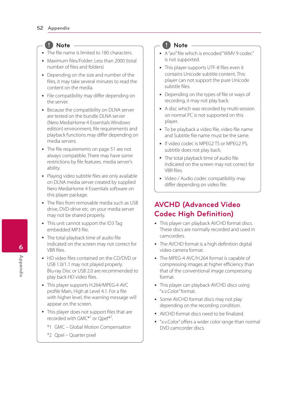 Avchd (advanced video codec high definition), 52 – avchd (advanced video codec high, Definition) | LG BP330 User Manual | Page 52 / 62