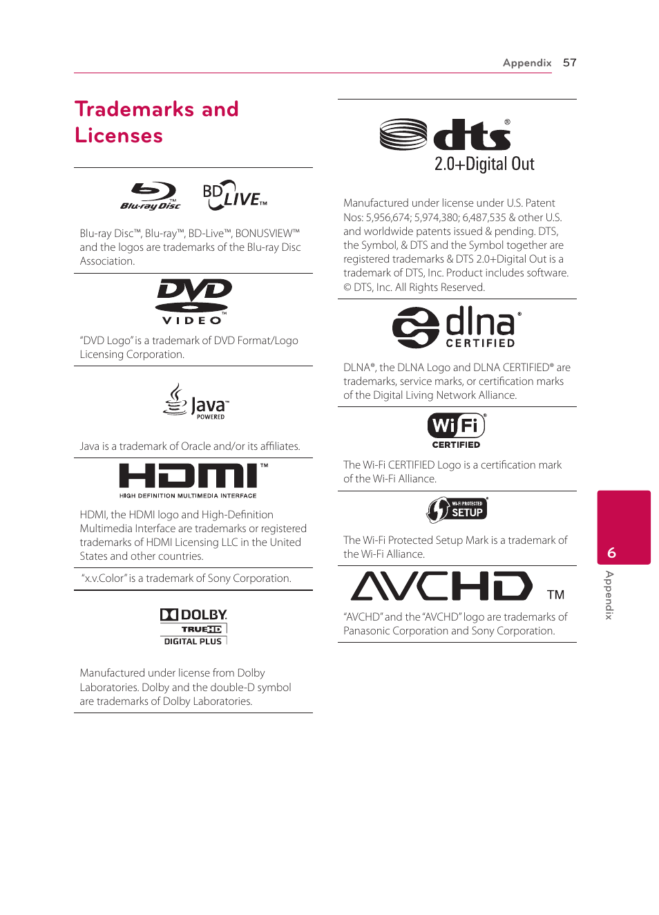 Trademarks and licenses, 57 trademarks and licenses | LG BP330 User Manual | Page 57 / 62