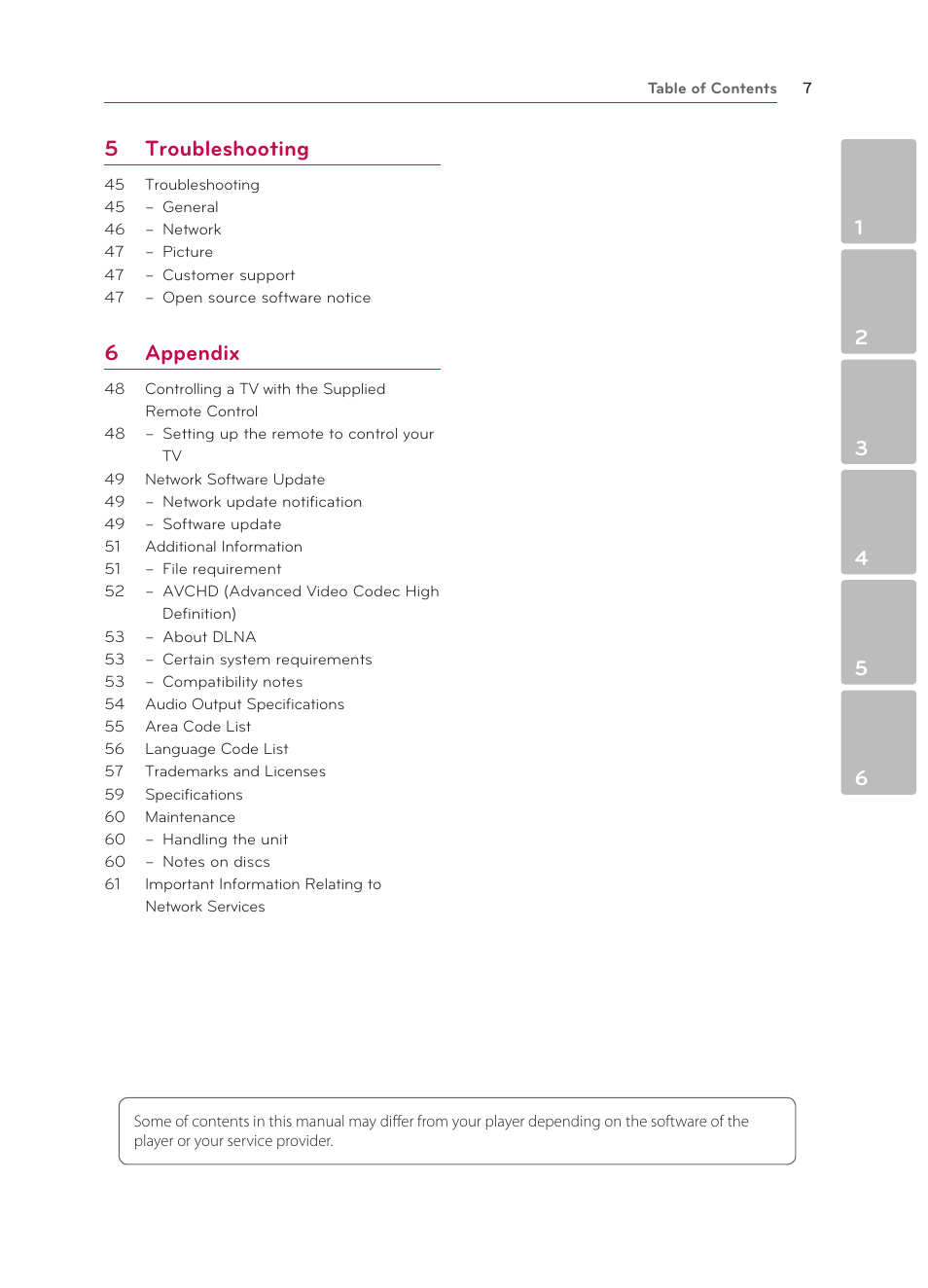 5 troubleshooting, 6 appendix | LG BP330 User Manual | Page 7 / 62