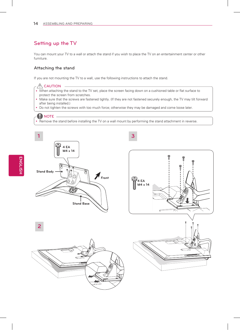 Setting up the tv, Attaching the stand | LG 50LA6970 User Manual | Page 14 / 52