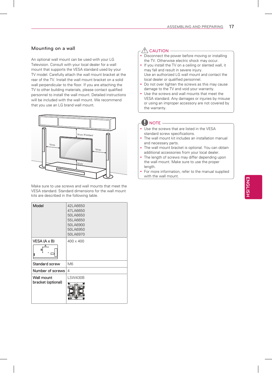 Mounting on a wall | LG 50LA6970 User Manual | Page 17 / 52