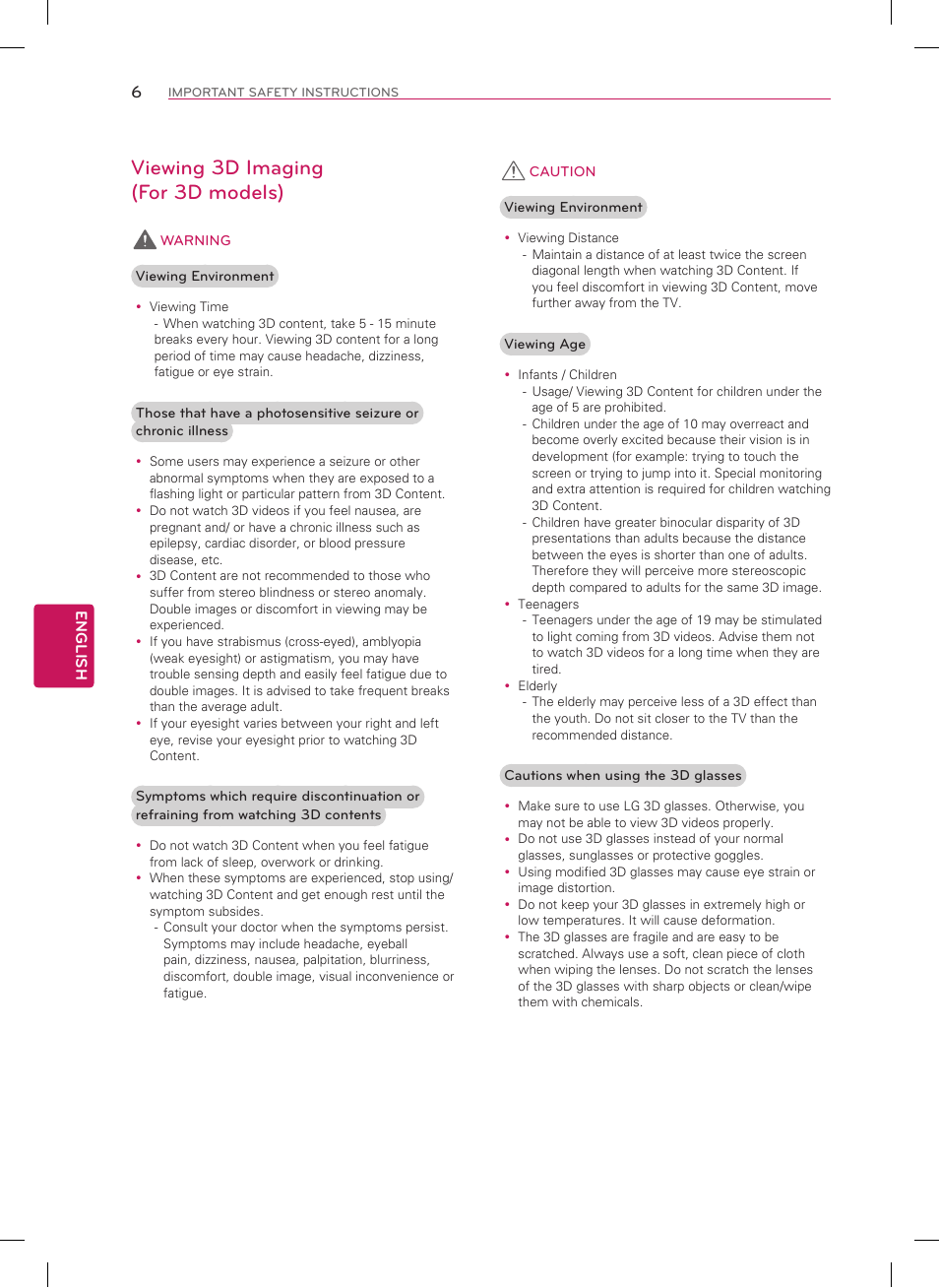 Viewing 3d imaging (for 3d models) | LG 50LA6970 User Manual | Page 6 / 52