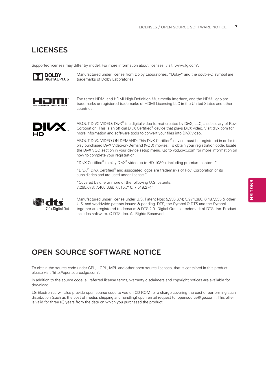 Licenses, Open source software notice | LG 50LA6970 User Manual | Page 7 / 52