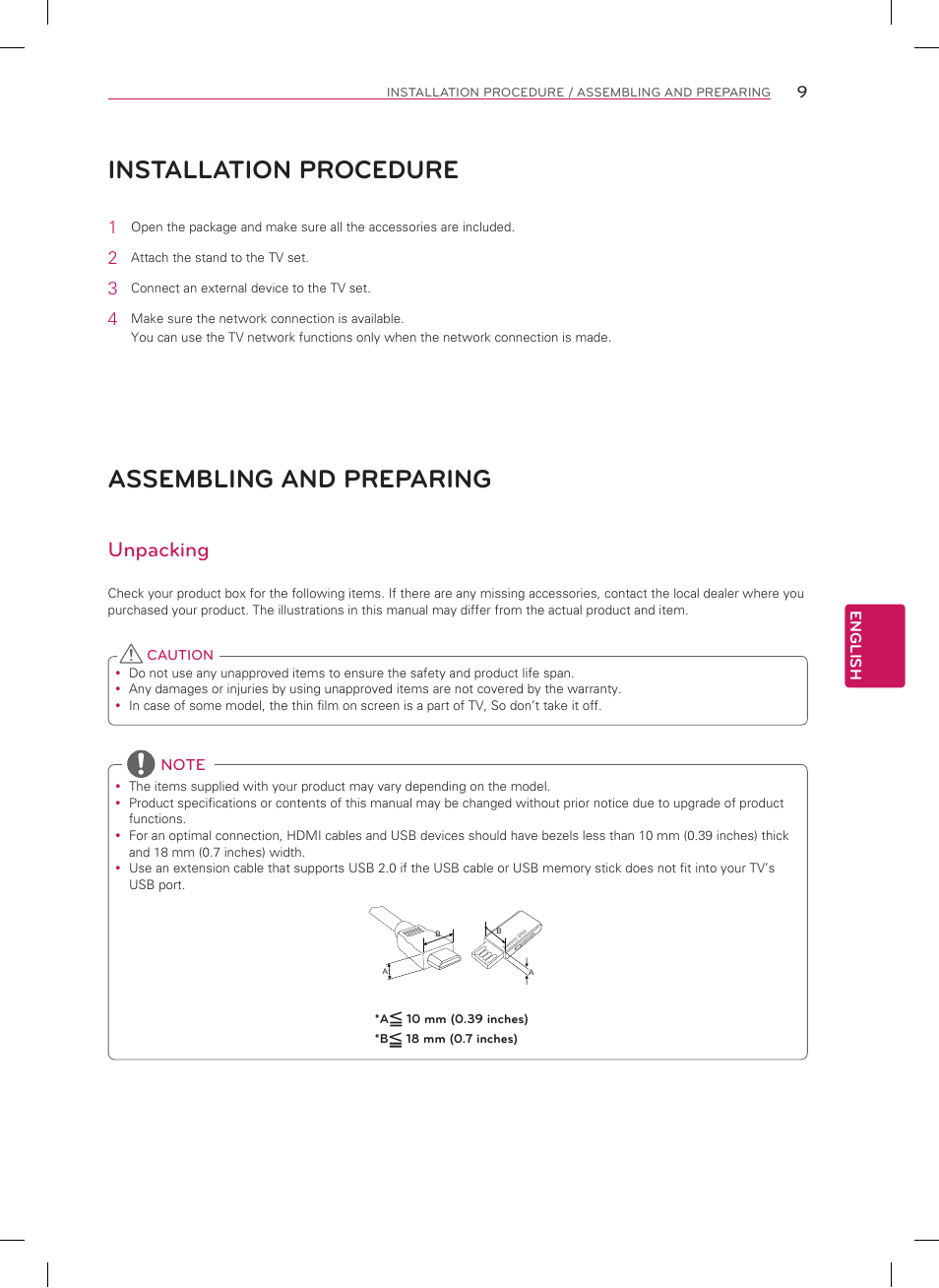 Installation procedure, Assembling and preparing, Unpacking | LG 50LA6970 User Manual | Page 9 / 52