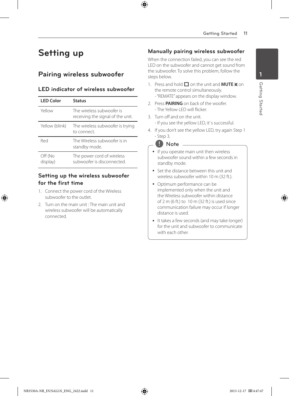 Setting up, Pairing wireless subwoofer | LG NBN36 User Manual | Page 11 / 24