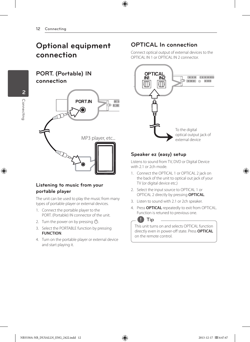 Optional equipment connection, Port. (portable) in connection, Optical in connection | LG NBN36 User Manual | Page 12 / 24