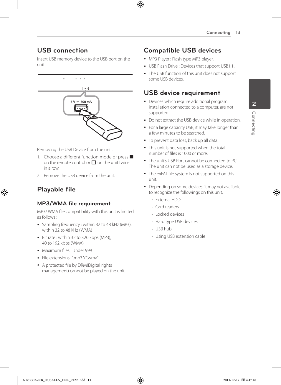 Usb connection, Playable file, Compatible usb devices | Usb device requirement, Mp3/wma file requirement | LG NBN36 User Manual | Page 13 / 24