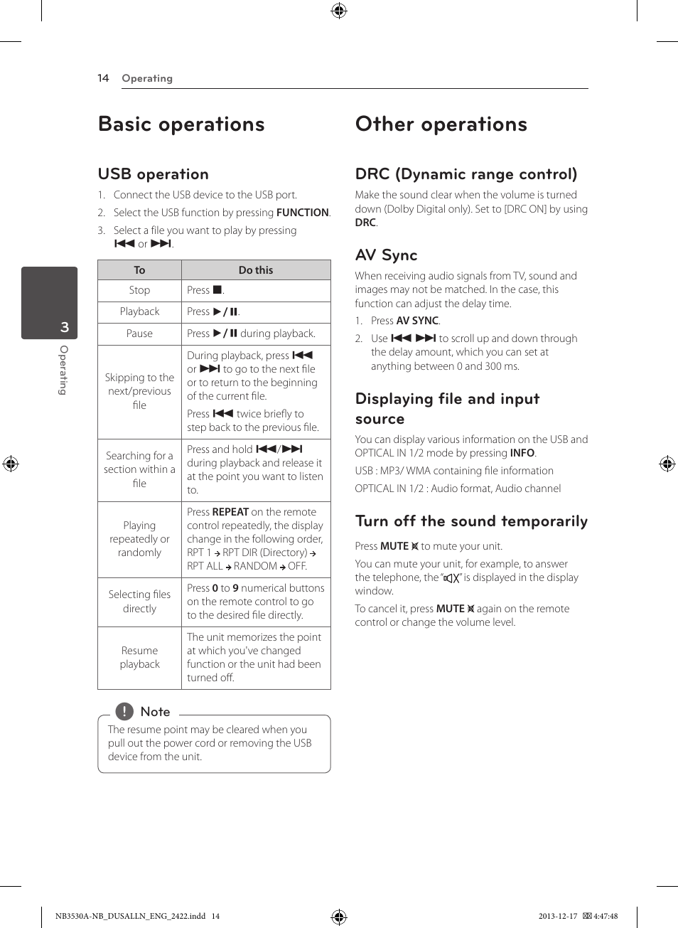 Basic operations, Other operations, Usb operation | Drc (dynamic range control), Av sync, Displaying file and input source, Turn off the sound temporarily | LG NBN36 User Manual | Page 14 / 24