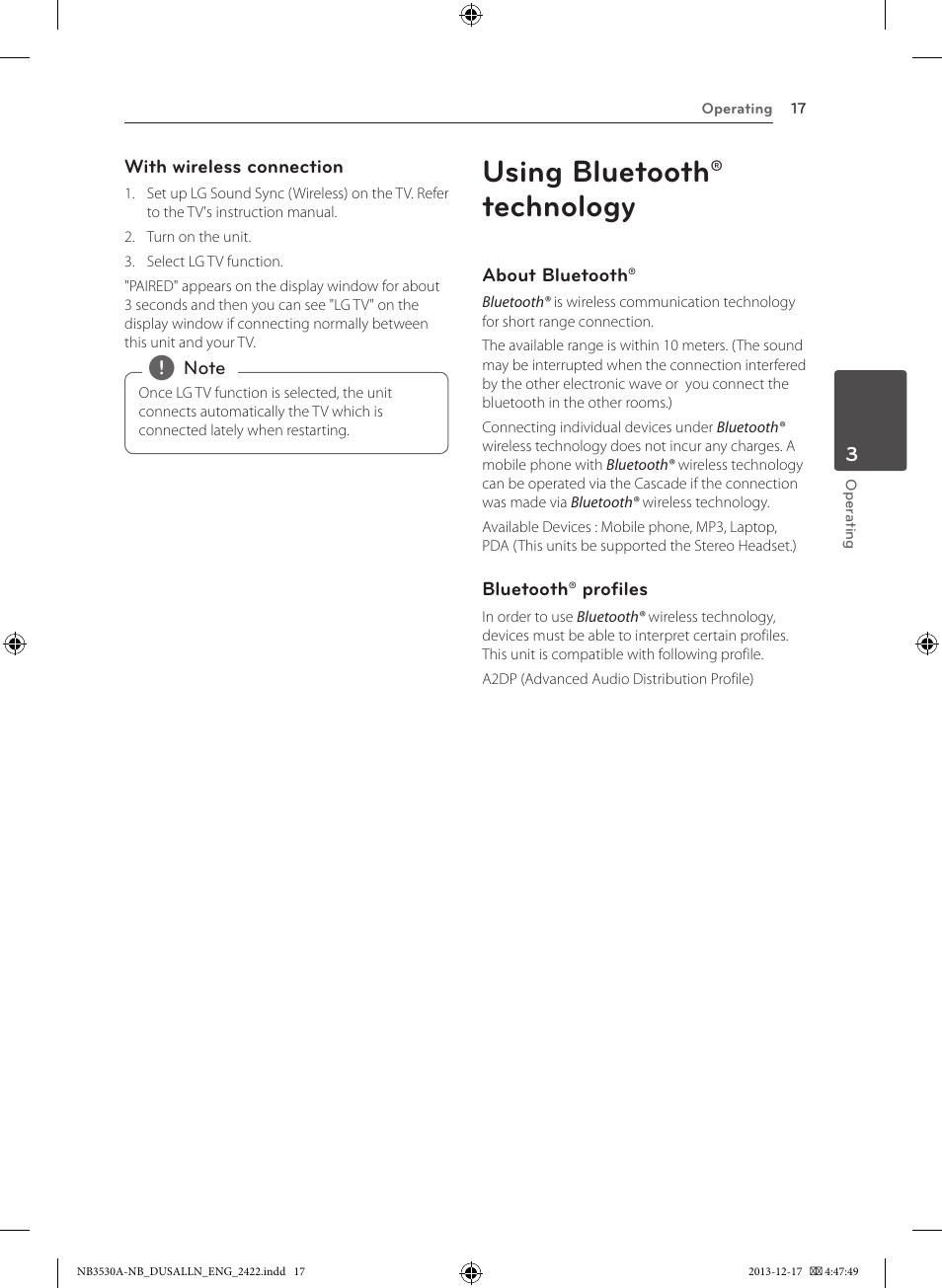 Using bluetooth® technology | LG NBN36 User Manual | Page 17 / 24