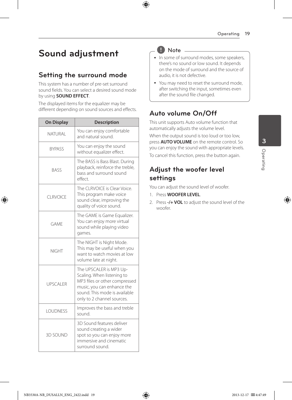 Sound adjustment, Setting the surround mode, Auto volume on/off | Adjust the woofer level settings | LG NBN36 User Manual | Page 19 / 24