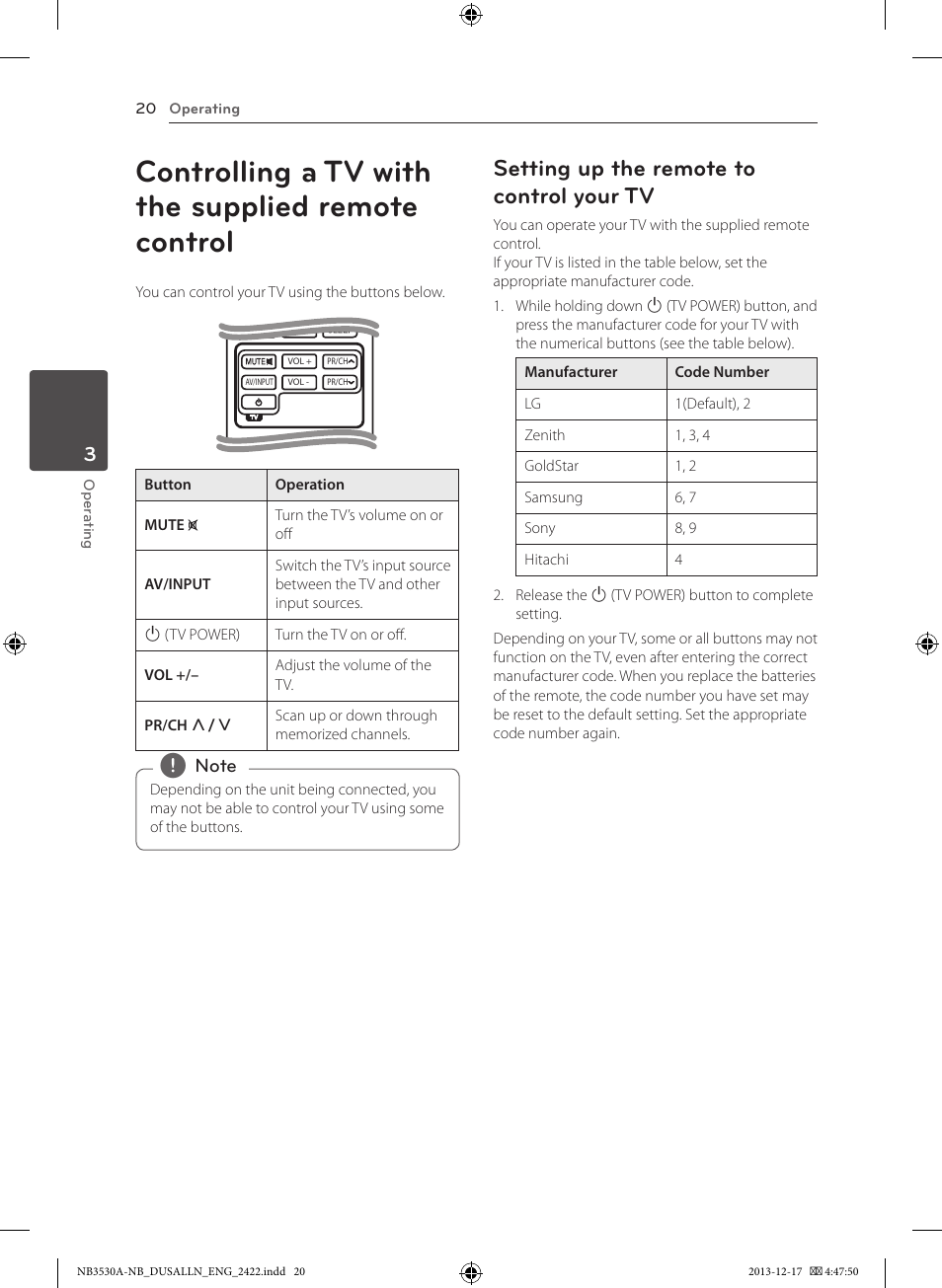 Controlling a tv with the supplied remote control, Setting up the remote to control your tv | LG NBN36 User Manual | Page 20 / 24