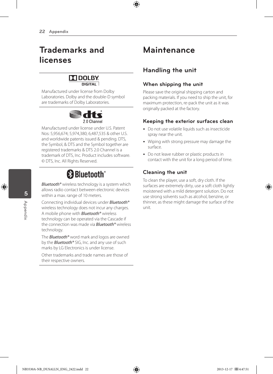 Trademarks and licenses, Maintenance, Handling the unit | LG NBN36 User Manual | Page 22 / 24