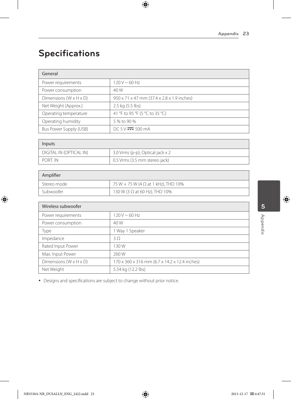 Specifications | LG NBN36 User Manual | Page 23 / 24