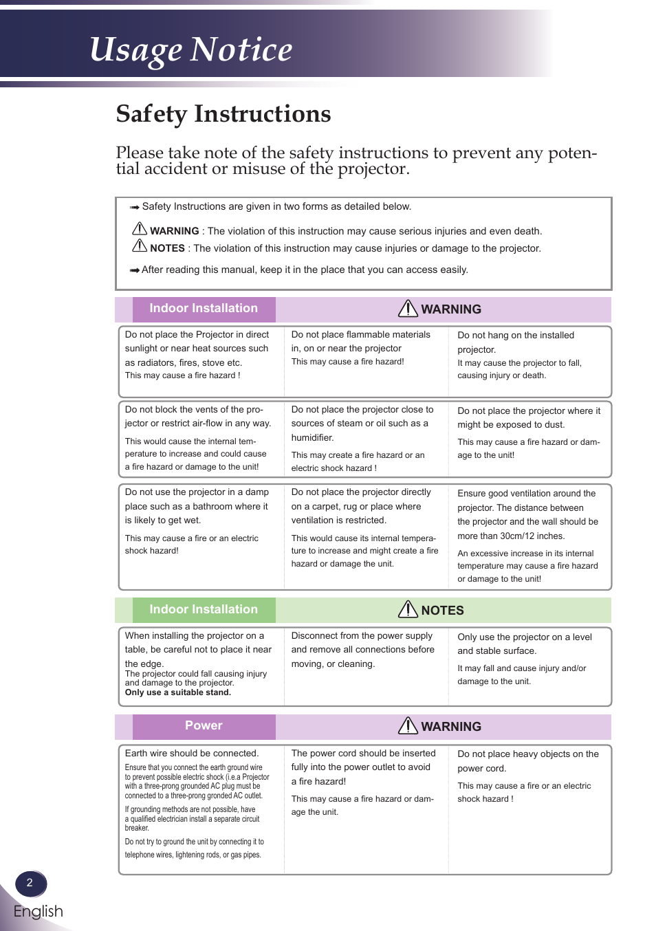 Usage notice, Safety instructions, English | LG BX286 User Manual | Page 2 / 58