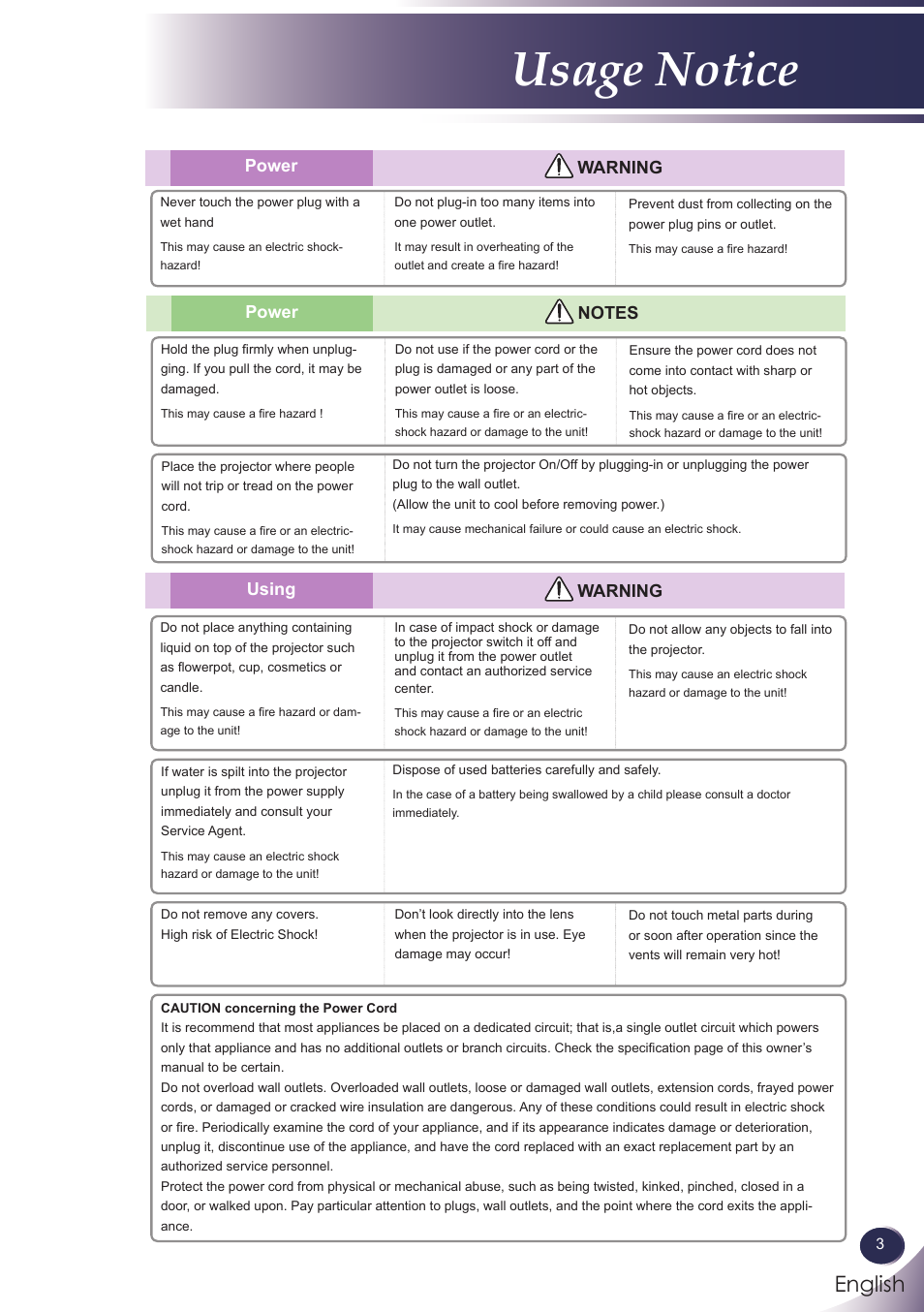 Usage notice, English | LG BX286 User Manual | Page 3 / 58