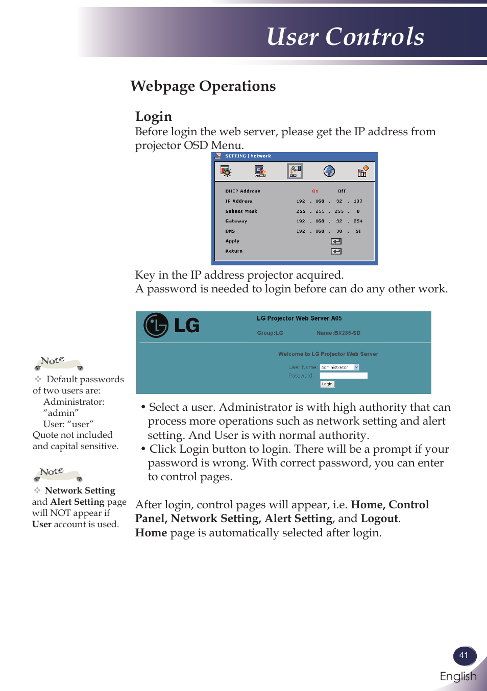 User controls, Webpage operations, Login | LG BX286 User Manual | Page 41 / 58