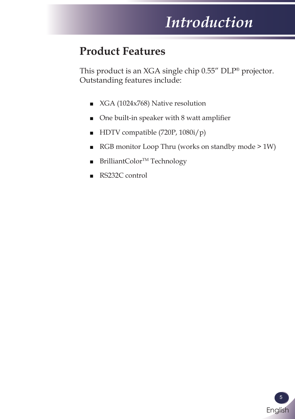 Introduction, Product features | LG BX286 User Manual | Page 5 / 58
