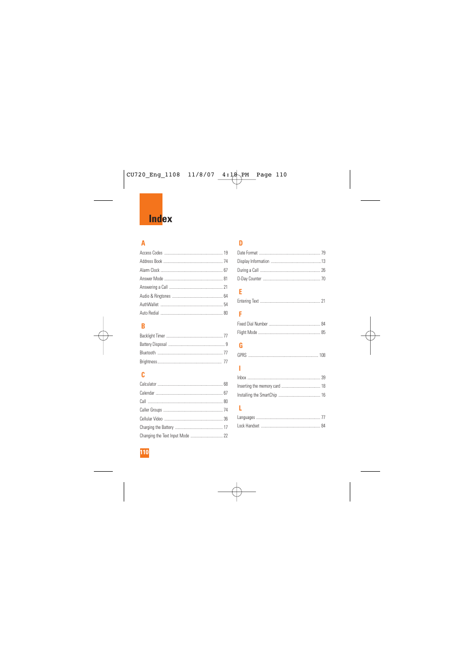 Index | LG CU720 User Manual | Page 114 / 246