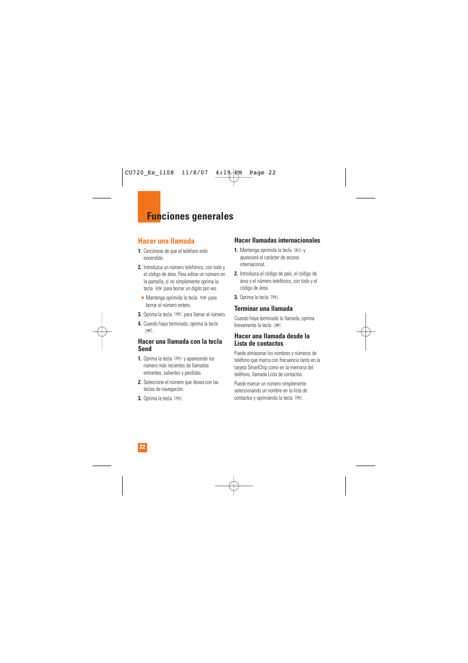 Funciones generales, Hacer una llamada | LG CU720 User Manual | Page 142 / 246