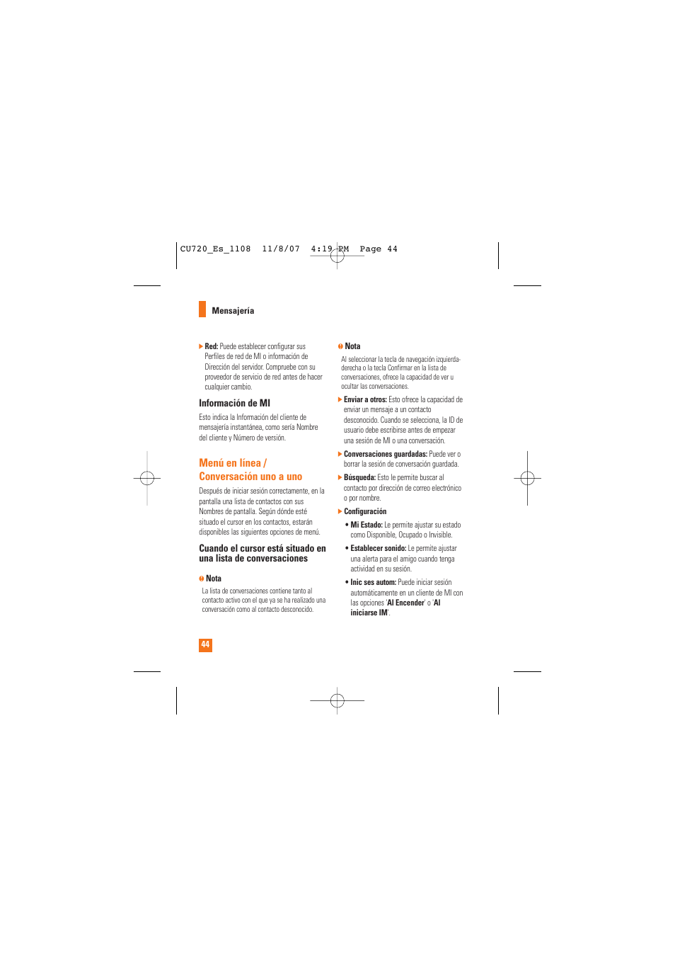 Menú en línea / conversación uno a uno | LG CU720 User Manual | Page 164 / 246