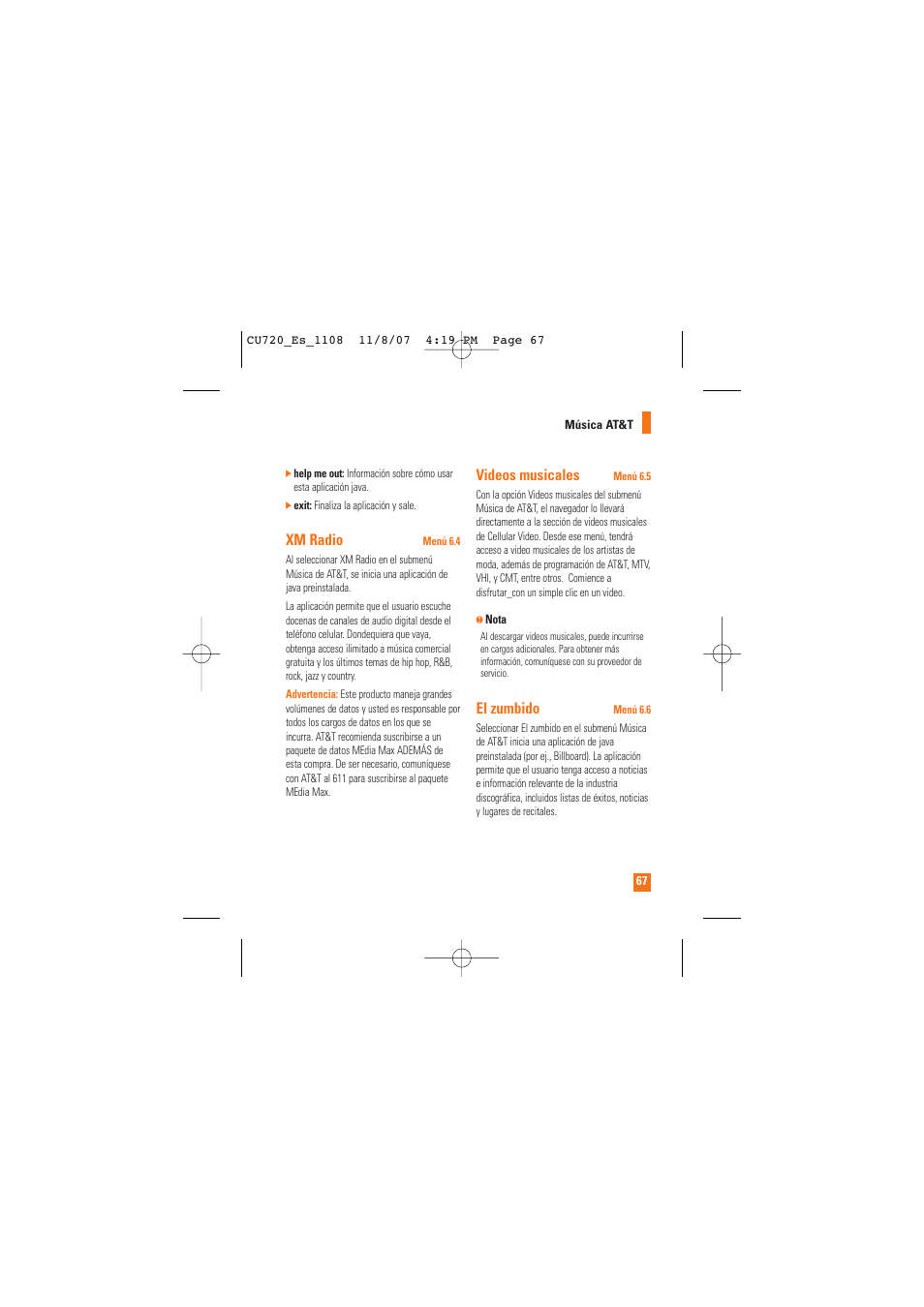 Xm radio, Videos musicales, El zumbido | LG CU720 User Manual | Page 187 / 246