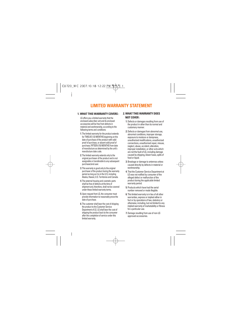 Limited warranty statement | LG CU720 User Manual | Page 3 / 246
