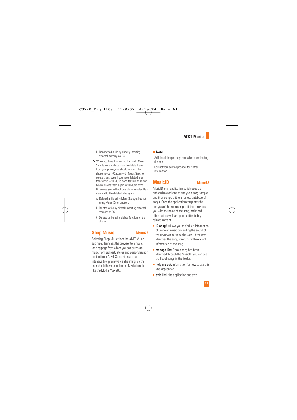 Shop music, Musicid | LG CU720 User Manual | Page 65 / 246