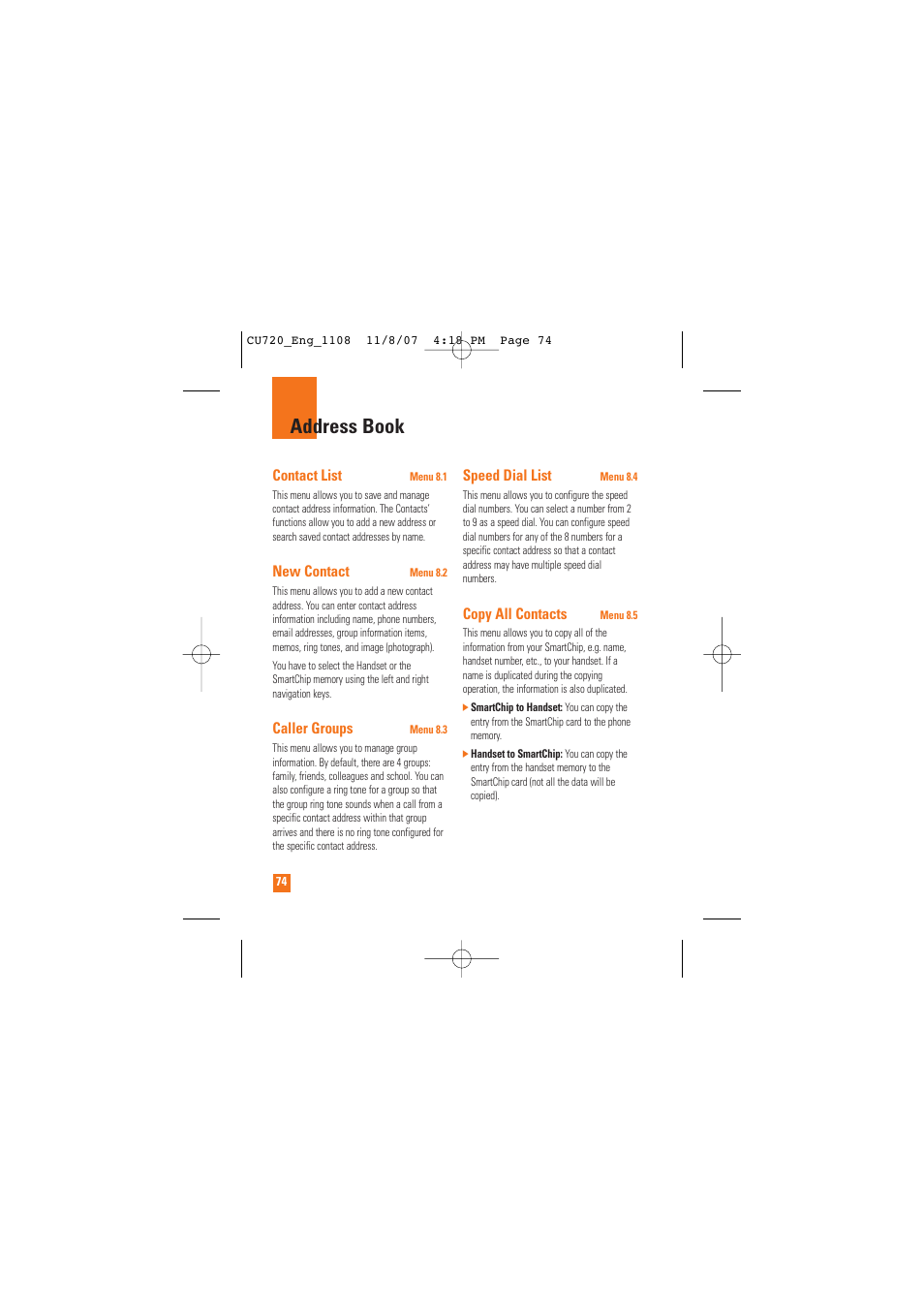 Address book | LG CU720 User Manual | Page 78 / 246