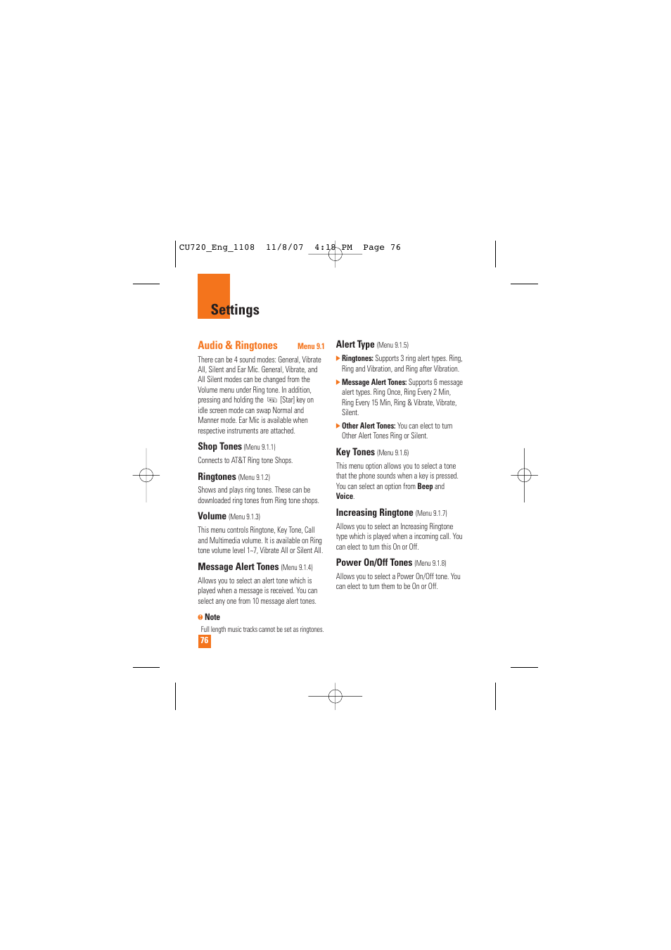 Settings, Audio & ringtones | LG CU720 User Manual | Page 80 / 246