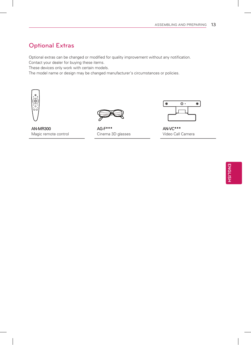 Optional extras | LG 47LM7600 User Manual | Page 13 / 44