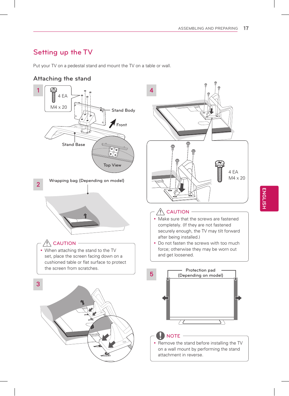 Setting up the tv, Attaching the stand | LG 47LM7600 User Manual | Page 17 / 44