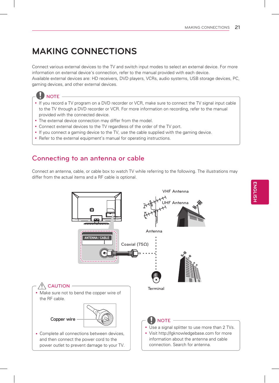 Making connections, Connecting to an antenna or cable | LG 47LM7600 User Manual | Page 21 / 44