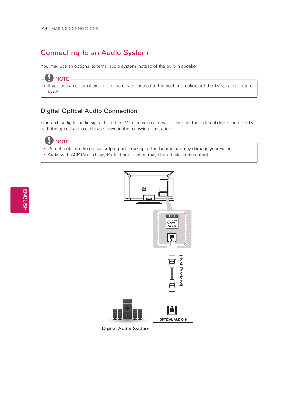 Connecting to an audio system, Digital optical audio connection | LG 47LM7600 User Manual | Page 28 / 44