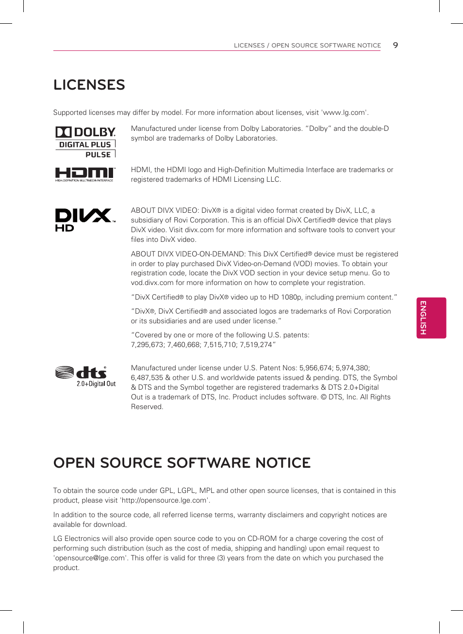 Licenses, Open source software notice | LG 47LM7600 User Manual | Page 9 / 44