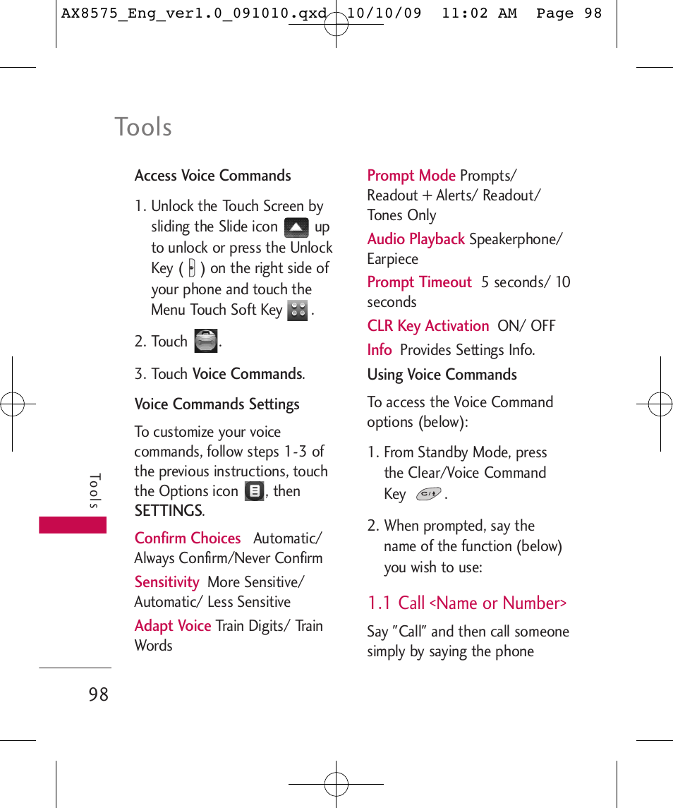 Tools, 1 call <name or number | LG LGAX8575 User Manual | Page 100 / 381