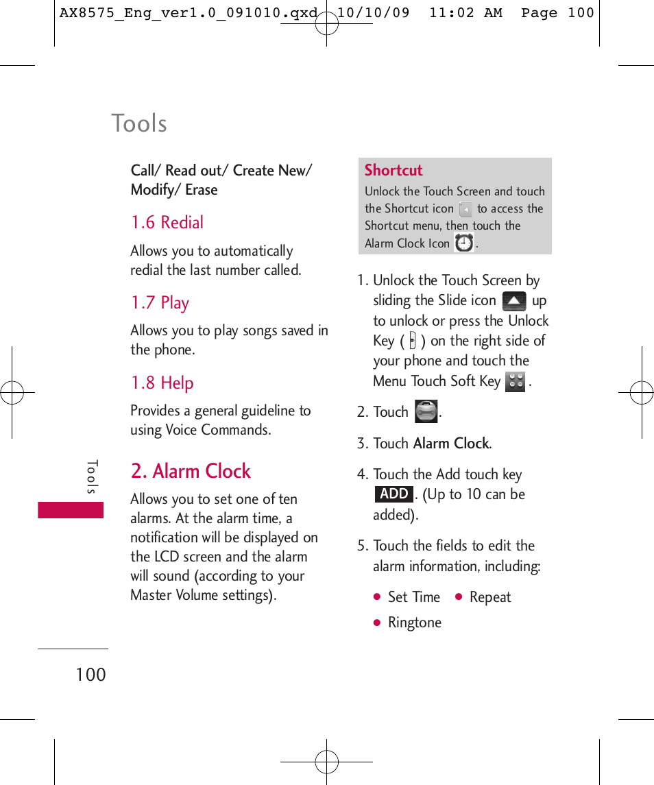 Tools, Alarm clock, 6 redial | 7 play, 8 help | LG LGAX8575 User Manual | Page 102 / 381