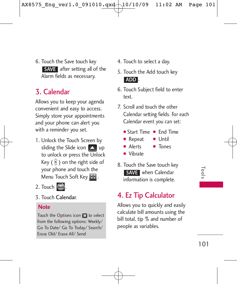 Calendar, Ez tip calculator | LG LGAX8575 User Manual | Page 103 / 381