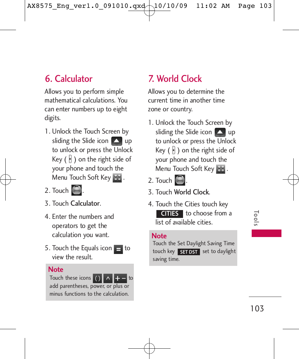 Calculator, World clock | LG LGAX8575 User Manual | Page 105 / 381