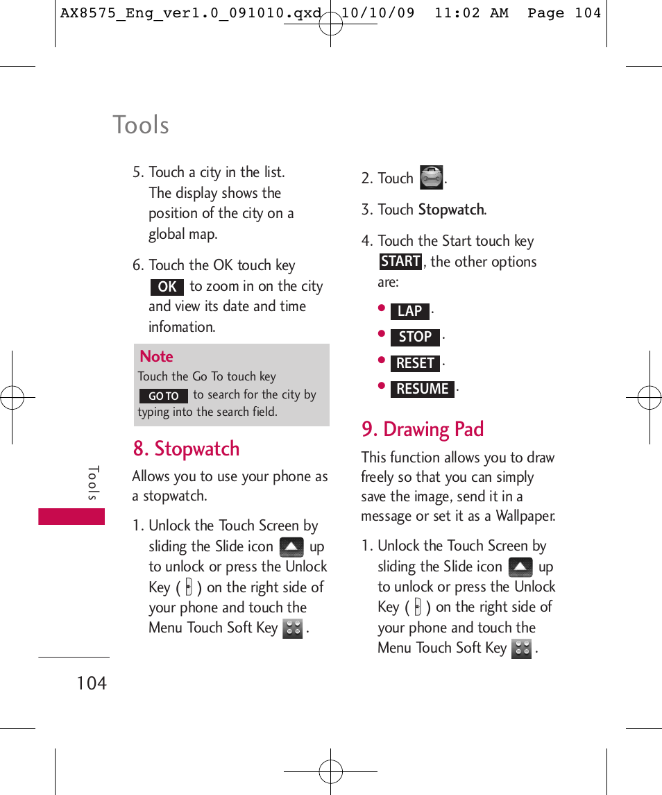 Tools, Stopwatch, Drawing pad | LG LGAX8575 User Manual | Page 106 / 381