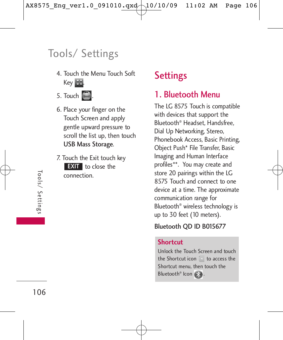 Tools/ settings, Settings, Bluetooth menu | LG LGAX8575 User Manual | Page 108 / 381